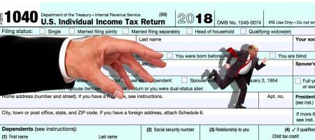Largehand chasing donald Trump overlaying a 1040 tax form