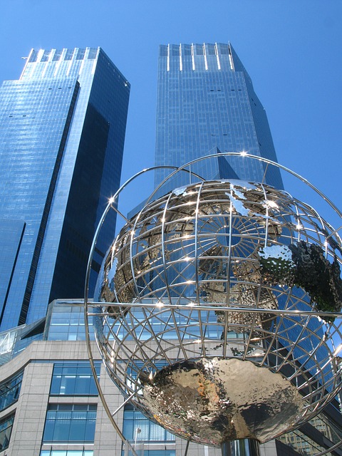 Large global sculpture in front of Trump Towers