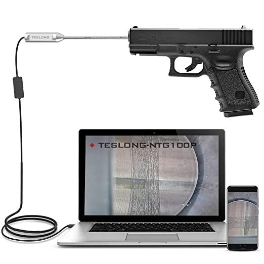 TESLONG Rigid Pistol Borescope, Gun Cleaning Camera with LED Lights and Right-Angle Mirror. The 0.2-Inch Diameter Fits .20 Caliber, and Larger, 10'' Long Probe Works with Android, Windows and MacBook